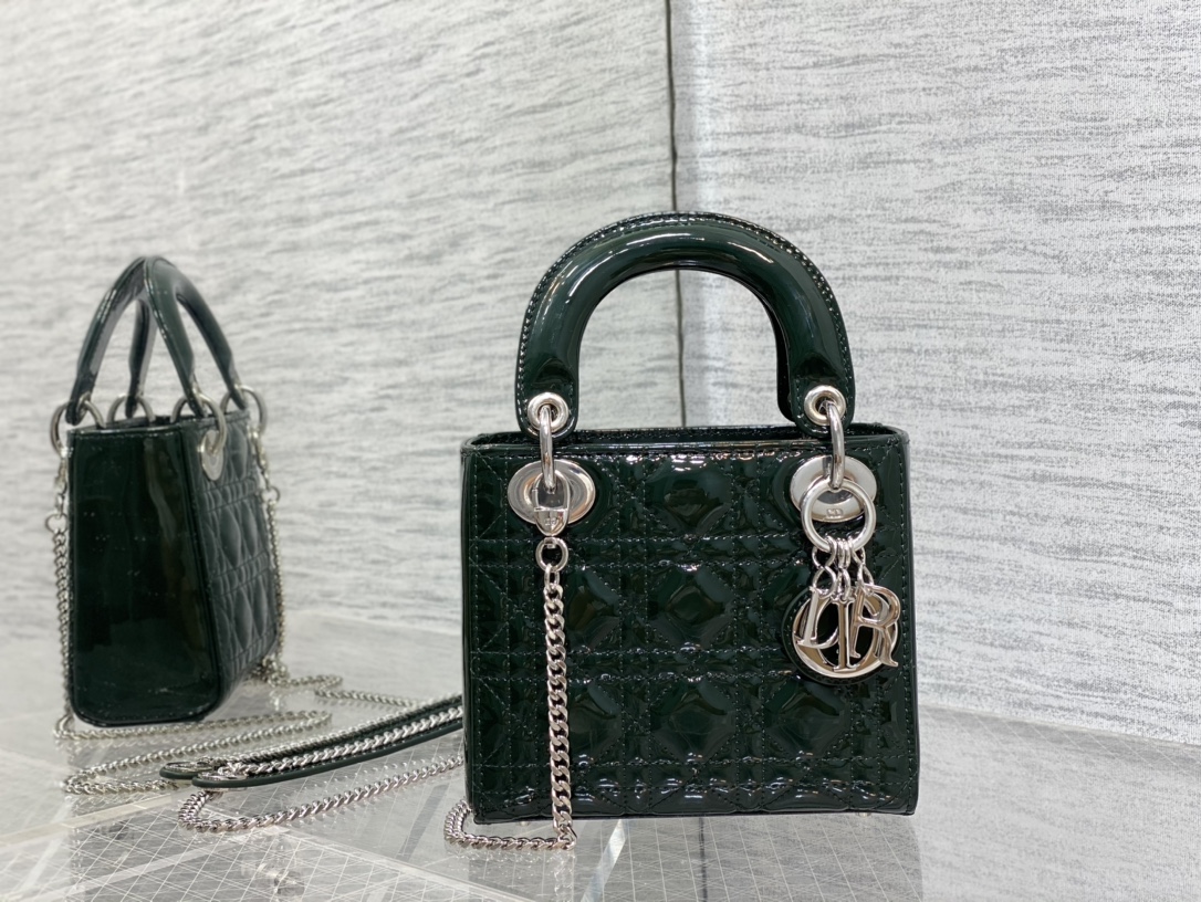 Mini Lady Dior Bag Dark Green Patent Cannage Calfskin